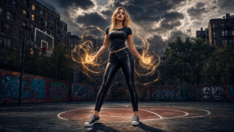 Blonde woman conjures swirling golden magic orbs while standing on a gritty urban outdoor basketball court under stormy