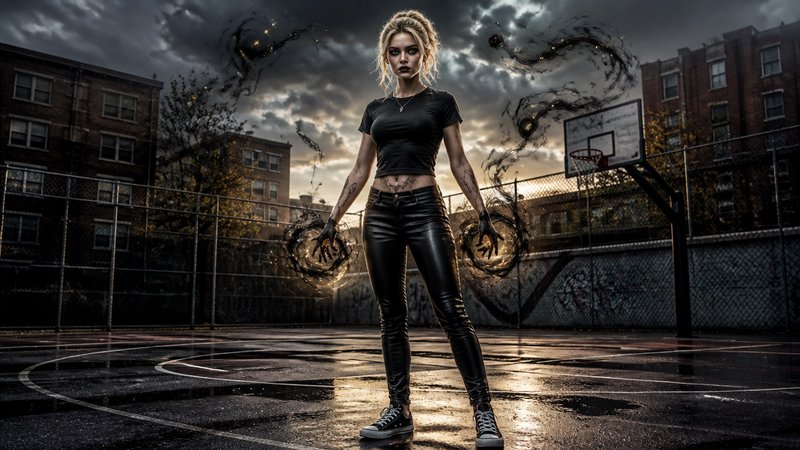 Blonde magical woman wielding glowing dark energy stands on wet urban basketball court under stormy sunset skies
