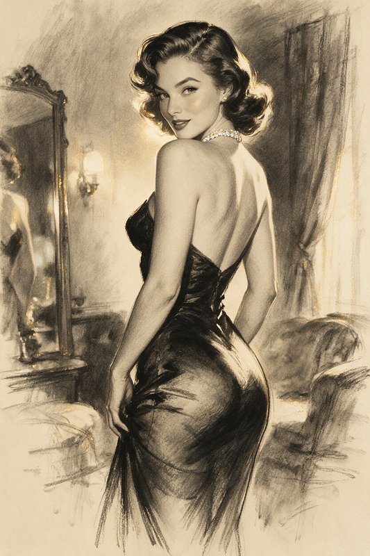 A captivating full-body charcoal sketch of a woman styled as a classic pin-up model, inspired by Old Hollywood glamour. She stands facing away from the viewer, captured in a 2/3 angle with a flirtatious, coy gaze over her shoulder. Soft, diffused lighting casts a warm glow across her face, highlighting her delicate features and creating a romantic vintage atmosphere. The composition uses bold charcoal lines, expressive shading, and smooth tonal blending, with a rich dark-cream palette that complements her sparkling studded white necklace with subtle golden undertones. The overall mood is elegant, sensual, dreamy, and cinematic, with a refined vintage illustration feel and dramatic hand-drawn texture.