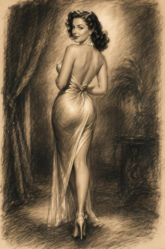 Vintage charcoal sketch of a glamorous 1950s pinup woman in a backless gown glancing over her sho...