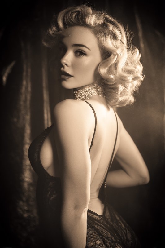 Sepia vintage Hollywood portrait of a blonde starlet with curled hair, lace gown, and crystal cho...
