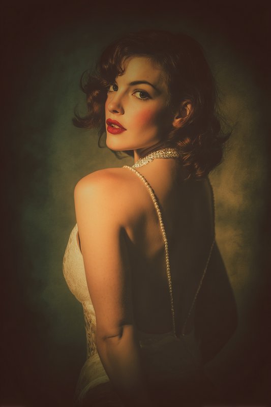 Vintage Old Hollywood glamour portrait of a woman looking over her shoulder, styled with retro cu...