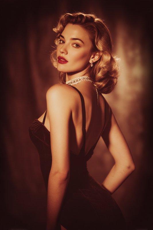 Old Hollywood glamour portrait of a blonde starlet in a low-back black gown looking over her shou...