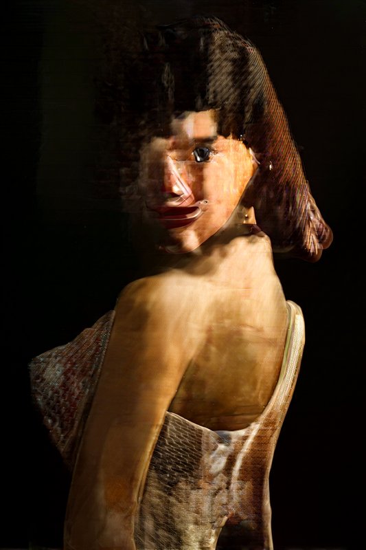 Surreal glitch art portrait of a distorted, wooden-textured female figure set against a solid bla...