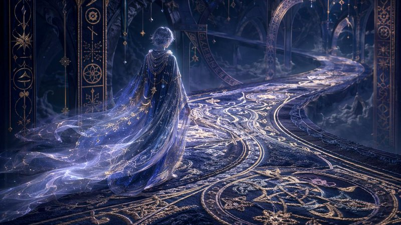 Back view of silver-haired celestial mage in flowing starry blue cloak standing on an ornate rune...