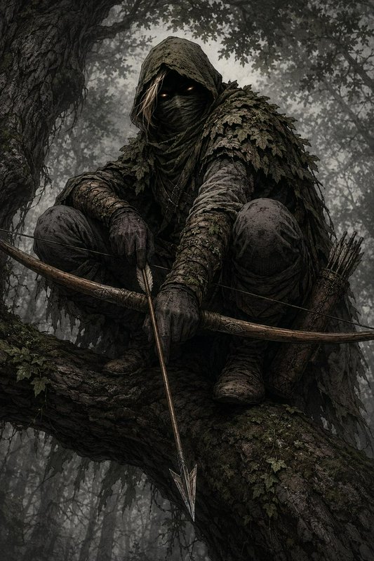 Mysterious hooded camouflaged archer crouched on a mossy tree branch holding a bow in a misty dar...