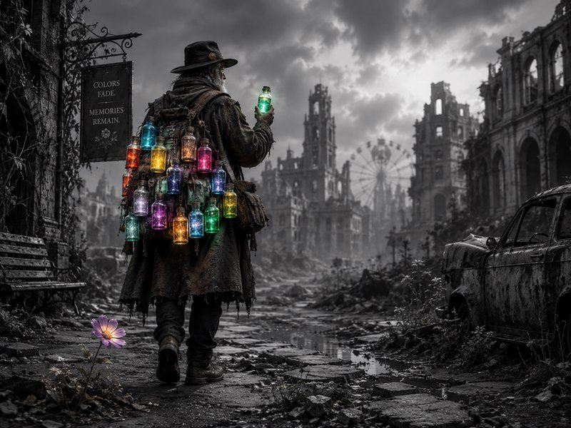 Bearded wanderer with a backpack of glowing colored bottles walks through a crumbling monochrome ...