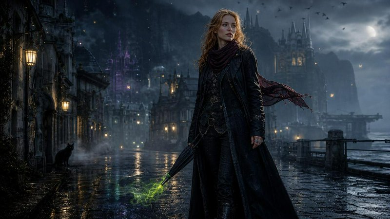 Female fantasy mage holds glowing green staff while standing on wet cobblestone gothic coastal city street at misty moonli...