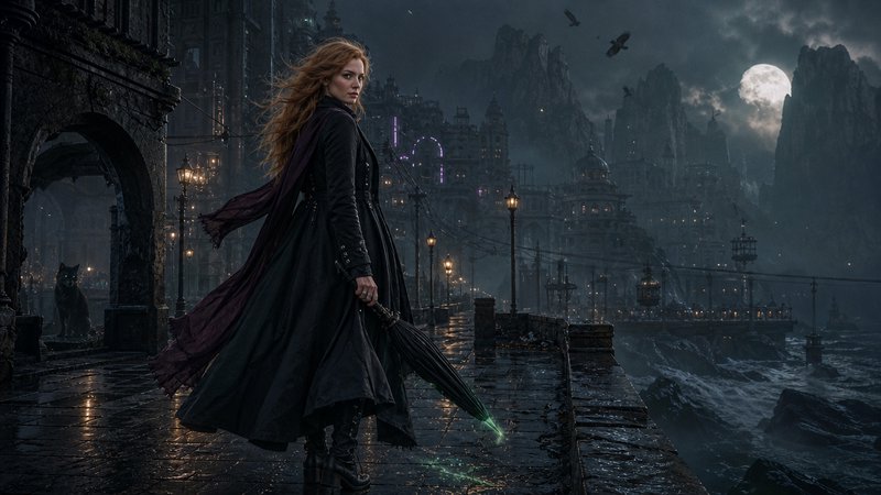Red-haired fantasy sorceress holds a glowing enchanted umbrella, standing on a wet moonlit gothic...