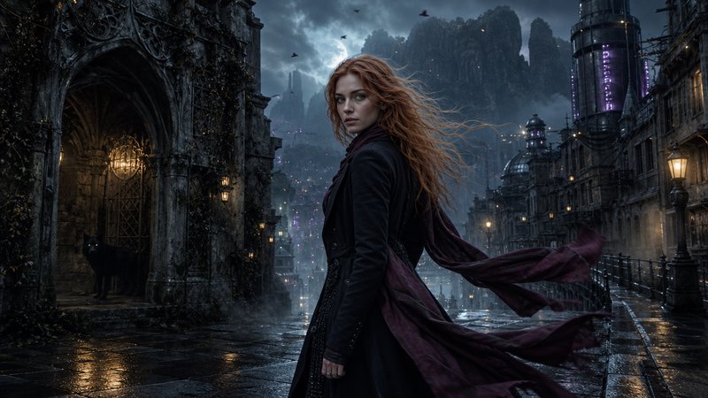 Fierce red-haired fantasy heroine stands on a wet misty steampunk gothic city street at stormy tw...
