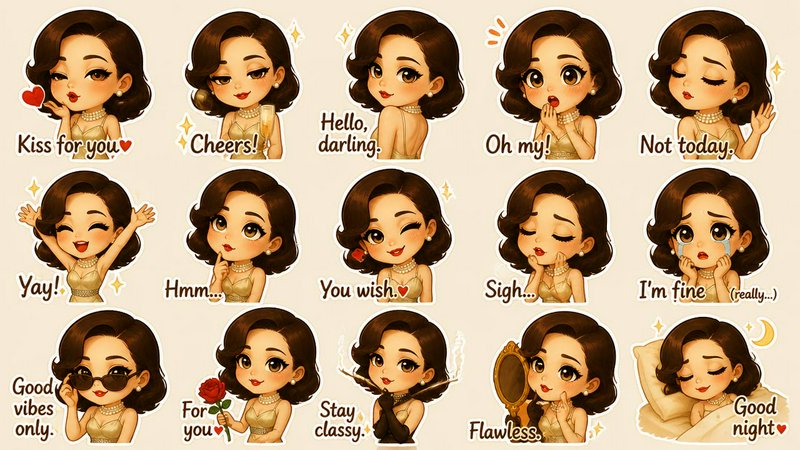 15 cute chibi retro glamour lady chat sticker pack with assorted expressive reaction emotes on a ...