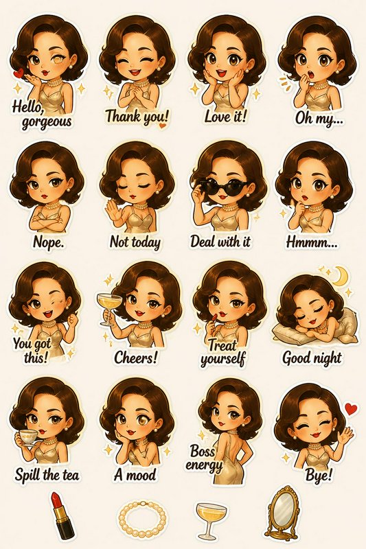 Chibi retro glamorous woman sticker pack featuring assorted chat reaction emotes and matching sma...