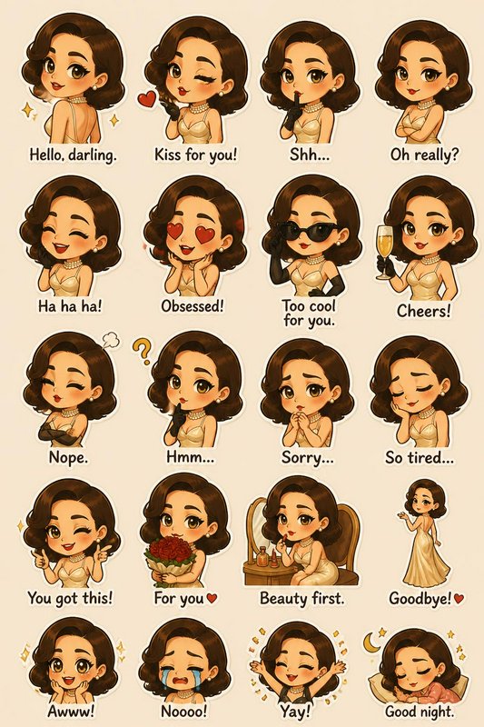 Chibi vintage elegant woman sticker sheet with 20 unique chat reaction stickers and text captions
