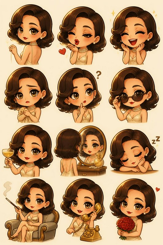 [Chibi character sheet featuring a glamorous vintage Old Hollywood woman with 12 unique poses and facial expressions]