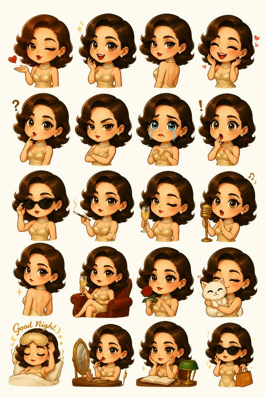 Sticker sheet grid of chibi vintage 1950s glamorous woman with varied expressions, poses, and eve...