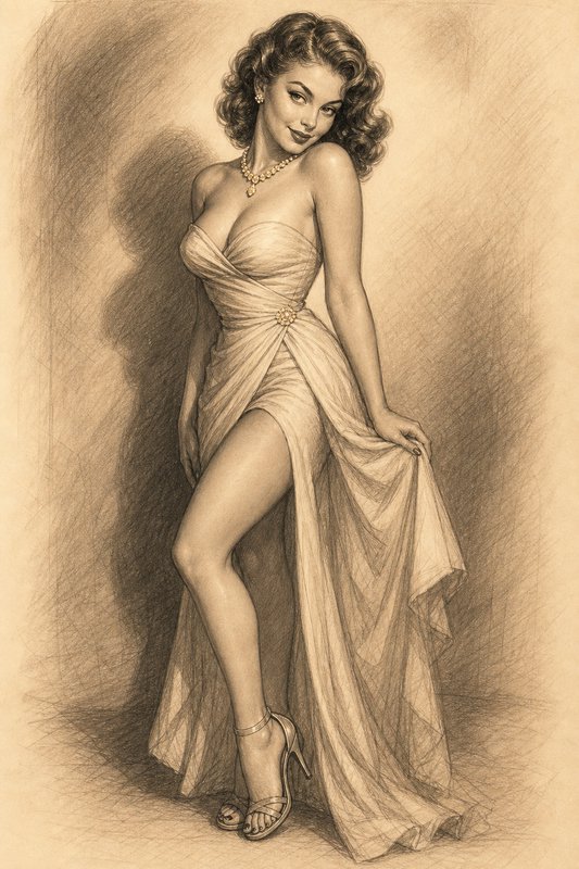 Sepia pencil sketch of a glamorous vintage 1950s pin-up woman posing in a strapless evening gown with a soft, warm smile.