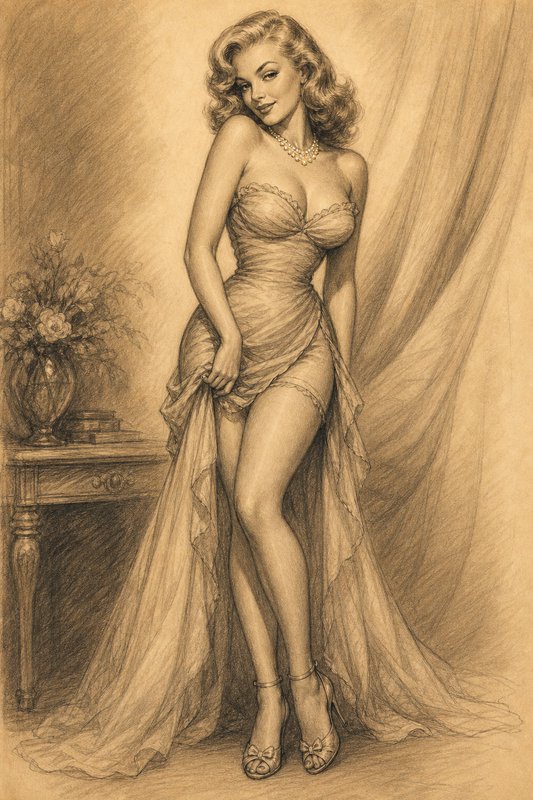 Sepia tone pencil sketch of a classic 1950s pinup woman in sheer evening gown, posing elegantly beside a draped curtain an...