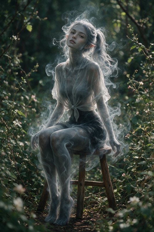 Ethereal translucent smoky elf spirit seated on a rustic wooden stool in an overgrown sun-dappled...