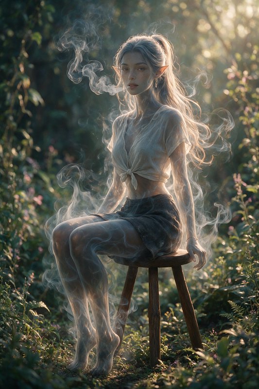 Ethereal translucent smoke elf woman sits on a wooden stool in sunlit dappled forest undergrowth
