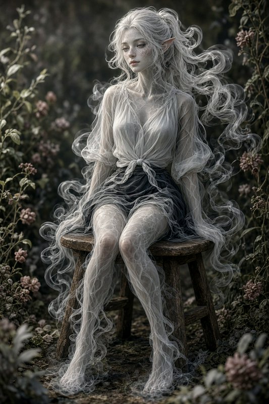 Ethereal pale elf woman with wispy white hair sits on a weathered wooden stool in a moody overgro...