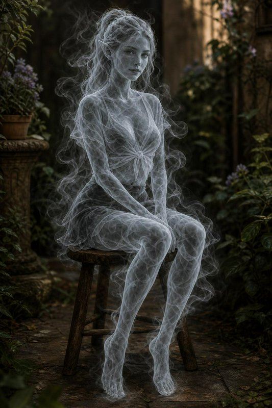 Translucent smoky ethereal elf spirit sits on a rustic stool in a sunlit overgrown cottage garden