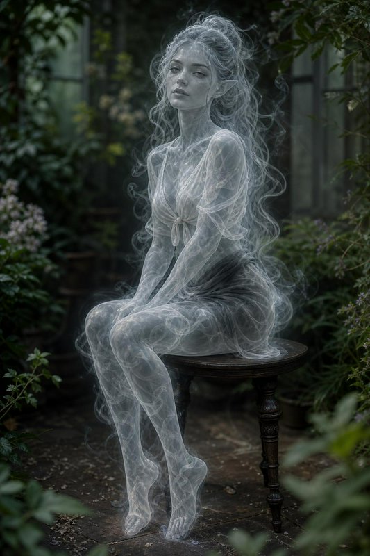 Translucent smoky elven spirit sits on a small wooden stool in a lush overgrown misty greenhouse ...