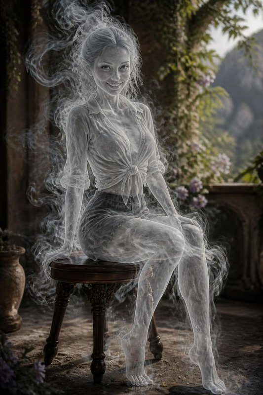Translucent wispy smoke ghost woman smiles while seated on a wooden stool on a sunlit vine-covere...