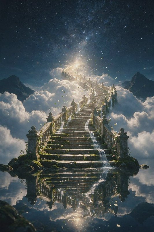 Ornate mossy stone staircase rises through fluffy clouds to glowing heavenly light, reflected in ...