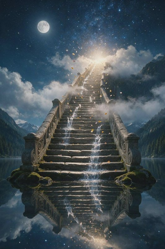 Ornate carved stone staircase rises from a calm reflective lake toward a glowing sky, under a ful...