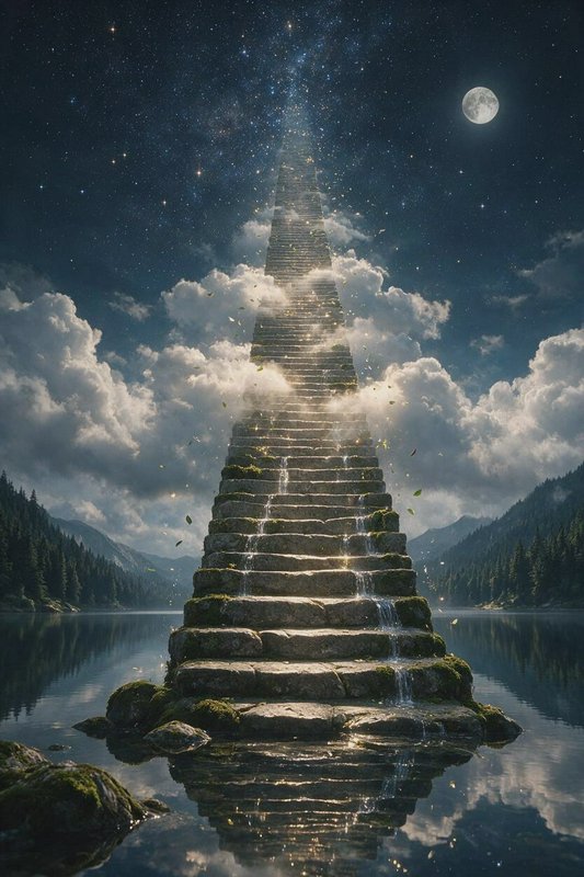 Magical mossy stone staircase rises from a mountain lake, stretching through clouds toward a star...