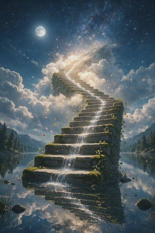 Mossy stone staircase rises from a calm lake, water cascading down steps toward a glowing starry ...