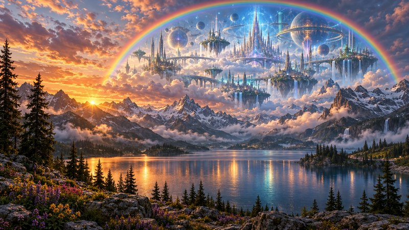Floating magical fantasy city hovers above clouds beneath a rainbow overlooking an alpine lake at golden sunset