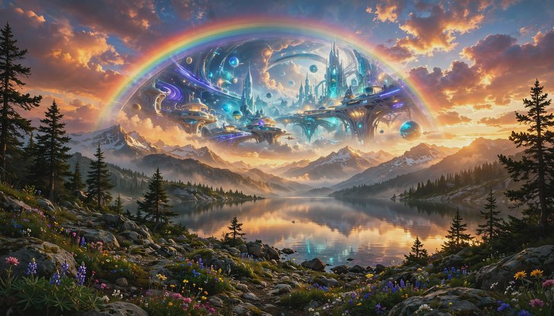 Futuristic floating fantasy city framed by a rainbow hovers over a mountain lake at golden sunset