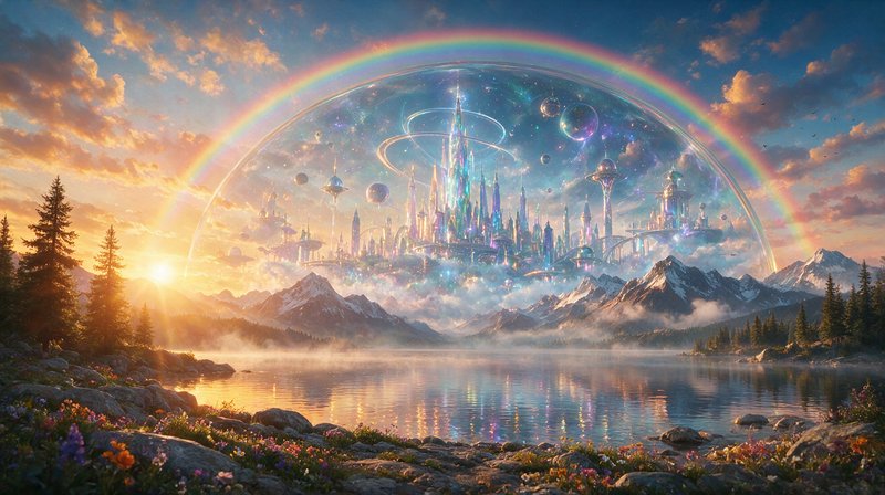 Glowing iridescent floating fantasy city under a full rainbow above a misty alpine lake at golden sunrise