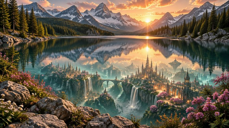 Enchanted spired fantasy city visible beneath a glassy alpine lake at golden mountain sunset