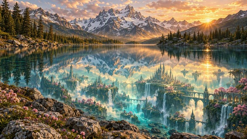 Still alpine lake mirrors a floating elven fantasy city below snow-capped mountains at golden sunset