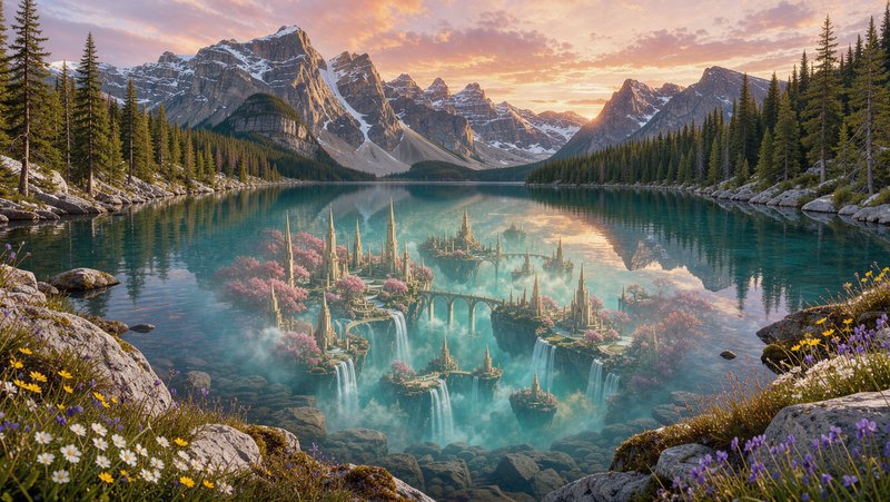 Floating elven fantasy city on waterfall islands rests in a turquoise alpine lake at pastel sunset