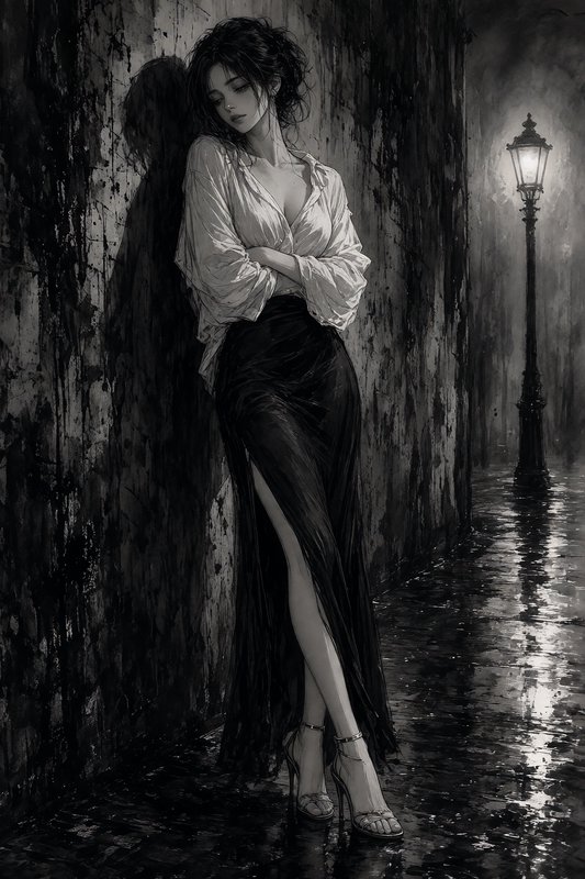 Pensive woman leans against a wet alley wall beside a glowing vintage streetlamp in black and white