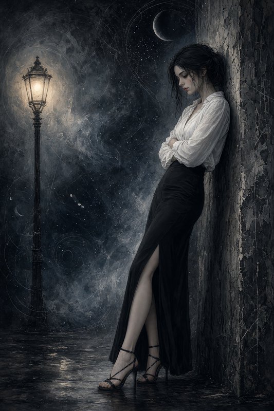 Pensive gothic woman leans against a weathered wall beside a glowing vintage street lamp under a ...