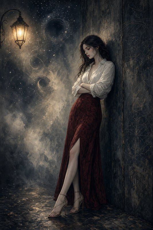 Pensive young woman leaning against a weathered wall beneath a glowing vintage lamp and misty sta...