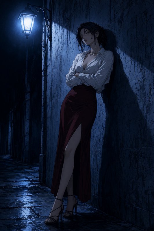 Brooding anime woman leaning against a weathered alley wall under a glowing vintage street lamp a...