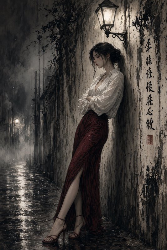 Pensive woman leans against a weathered wall in a misty rain-soaked old alley at night