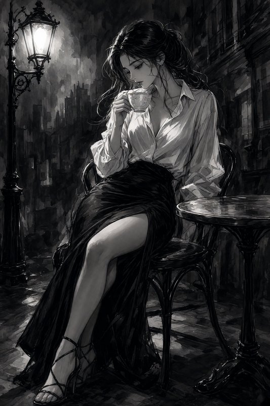 Elegant woman sipping tea at a misty evening sidewalk cafe under a glowing vintage street lamp