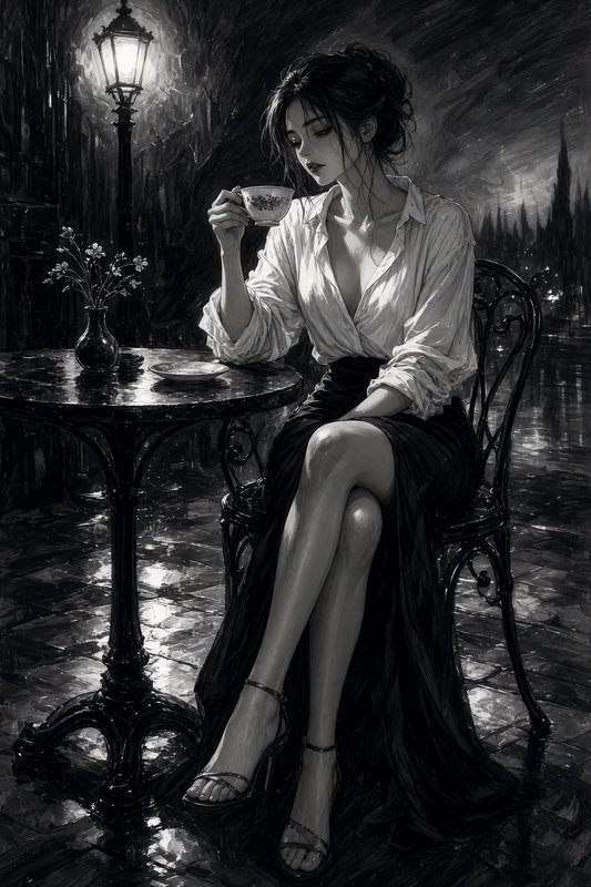 Elegant woman holding a teacup sits at a wet outdoor cafe table on a rainy night