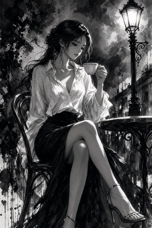 Elegant woman holds a teacup while seated at an outdoor street cafe under a glowing vintage lamp ...