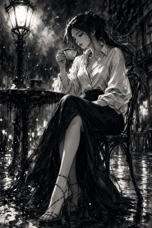 Elegant woman drinking tea at a wet outdoor cafe under a glowing streetlamp on a rainy night