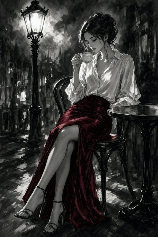Elegant woman sipping a warm drink at a rainy outdoor evening cafe beside a glowing vintage stree...