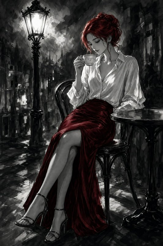 Elegant red-haired woman sipping tea at a rainy outdoor night cafe beneath a glowing vintage stre...