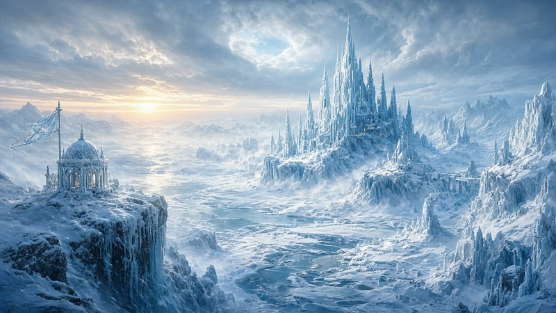 Spired ice castle overlooks a frozen arctic valley from mountain cliffs at soft golden sunrise