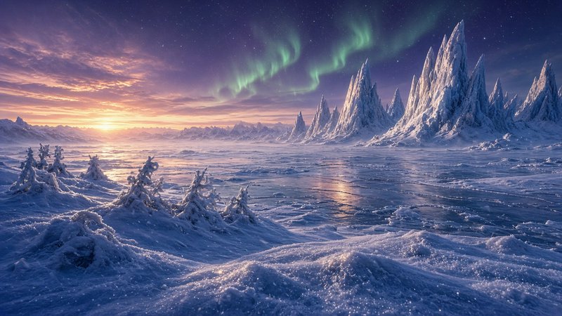 Green aurora borealis arcs over jagged icy mountain peaks during a pastel arctic sunset across fr...